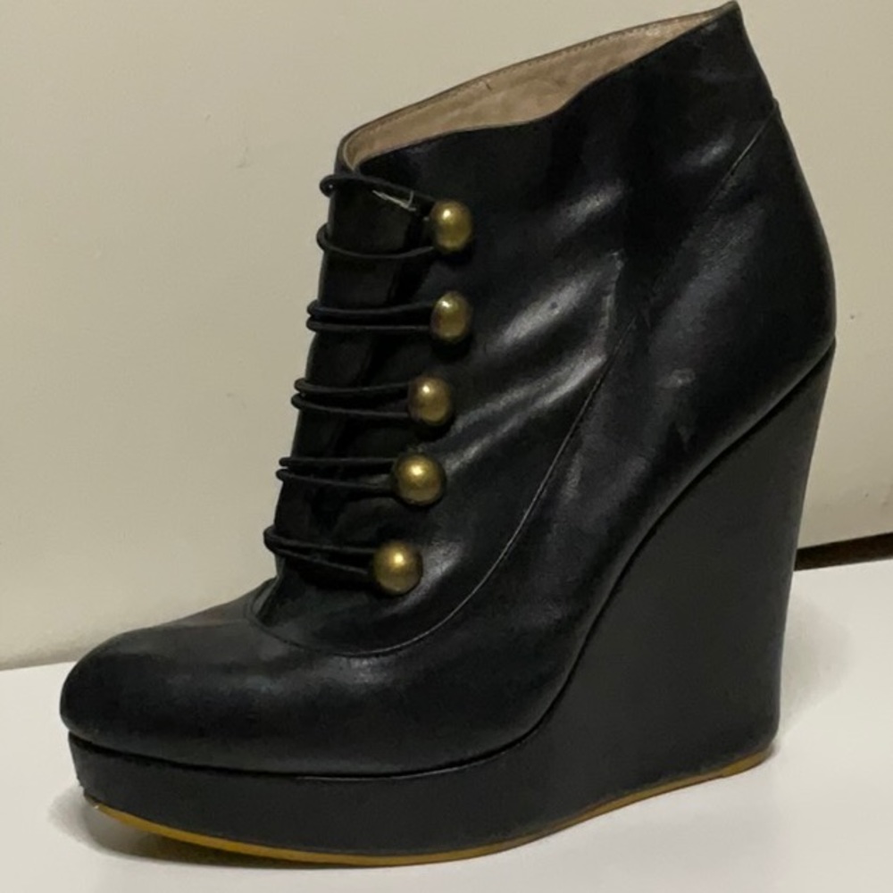 Black pleather bootie wedges